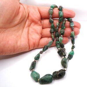 925 SS Emerald Nuggets Gemstone Beaded Necklace, Natural Tumble Emerald Necklace